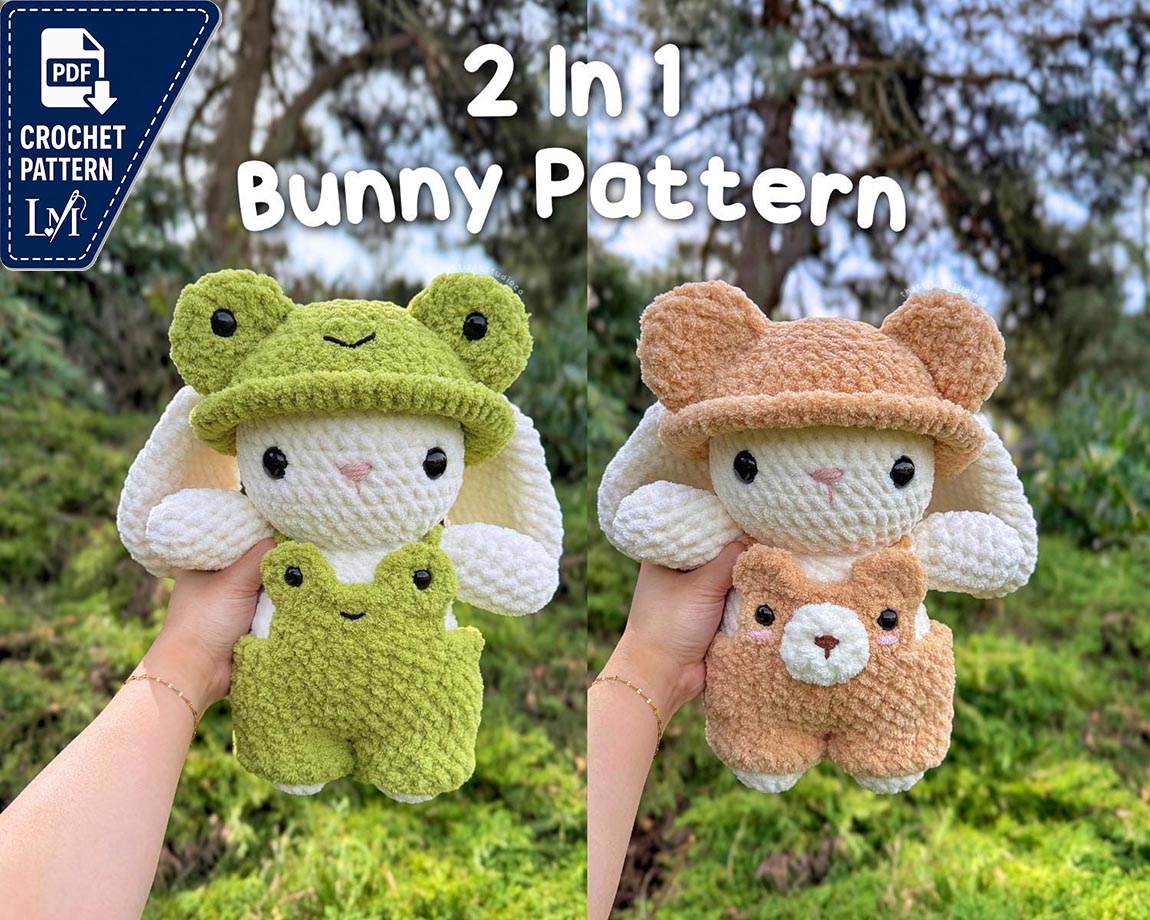 2 in 1 Bunny Plushie In Bear and Frog Outfits Crochet Pattern | Removable Overalls and Hat